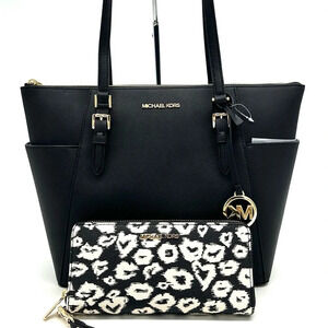 Michael Kors Large Charlotte Tote Bag & Large Continental Wallet Wristlet Black